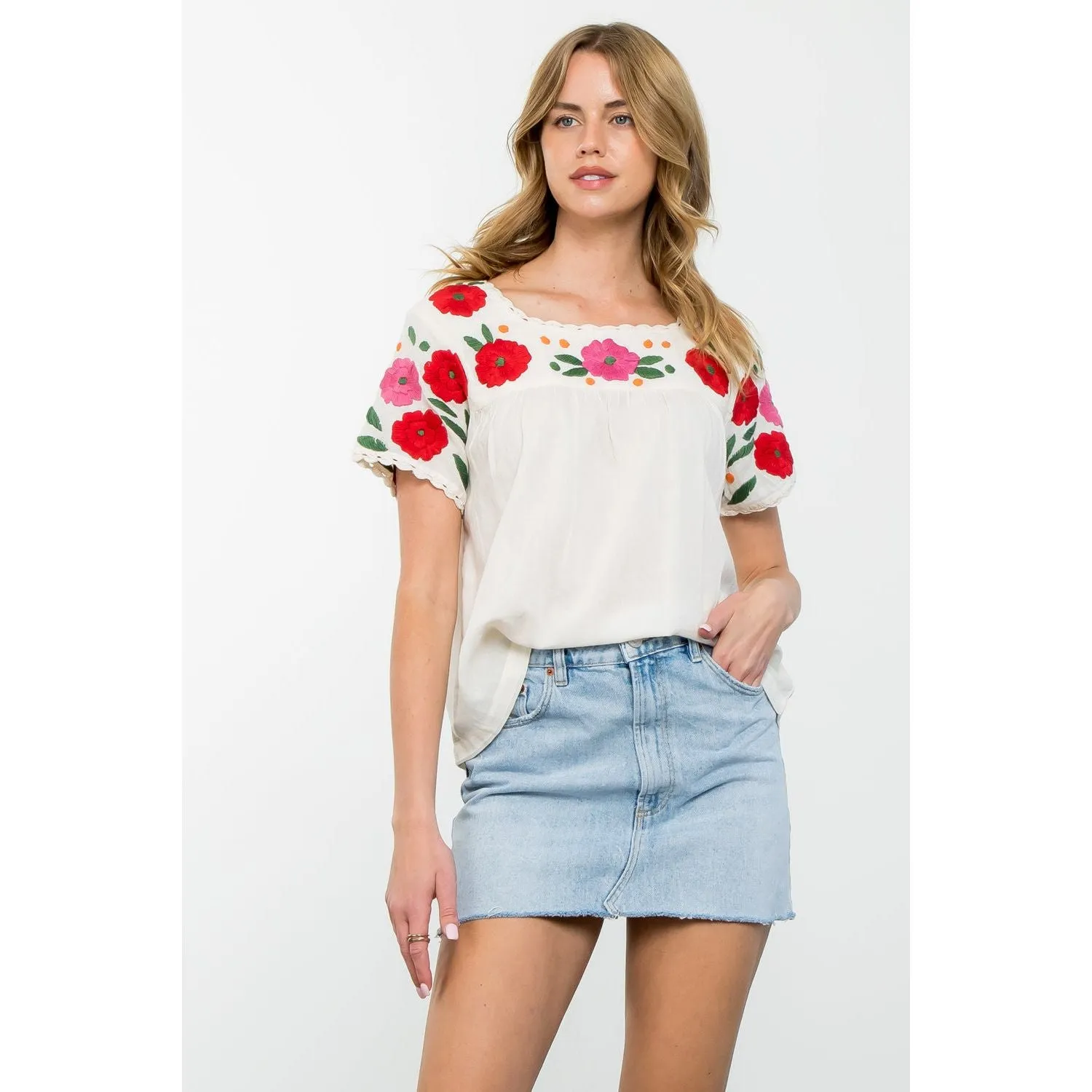 Tonya Flower Embroidered Short SleeveTHML Top -SALE