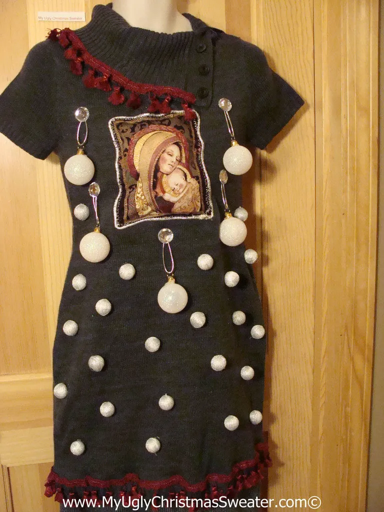 Ugly Christmas Sweater Party Tacky Dress with Mary and Baby Jesus and 3D Ornaments (d71)