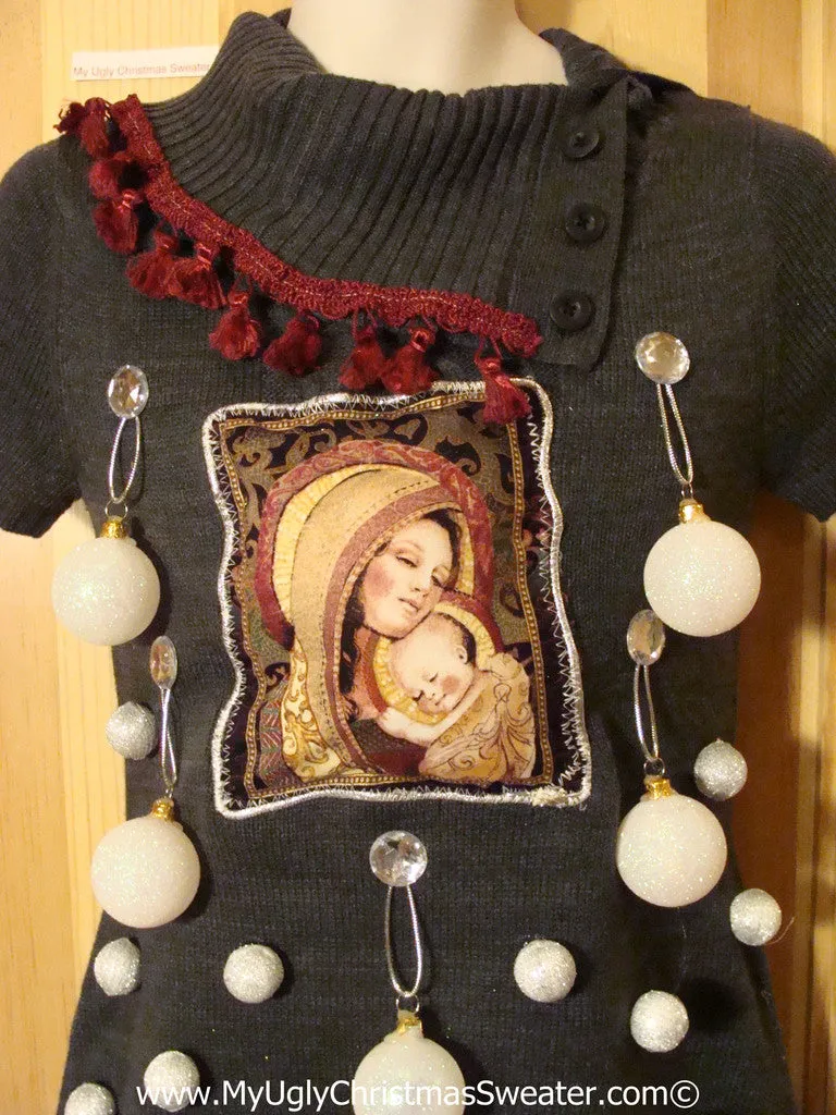 Ugly Christmas Sweater Party Tacky Dress with Mary and Baby Jesus and 3D Ornaments (d71)