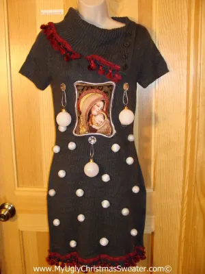 Ugly Christmas Sweater Party Tacky Dress with Mary and Baby Jesus and 3D Ornaments (d72)