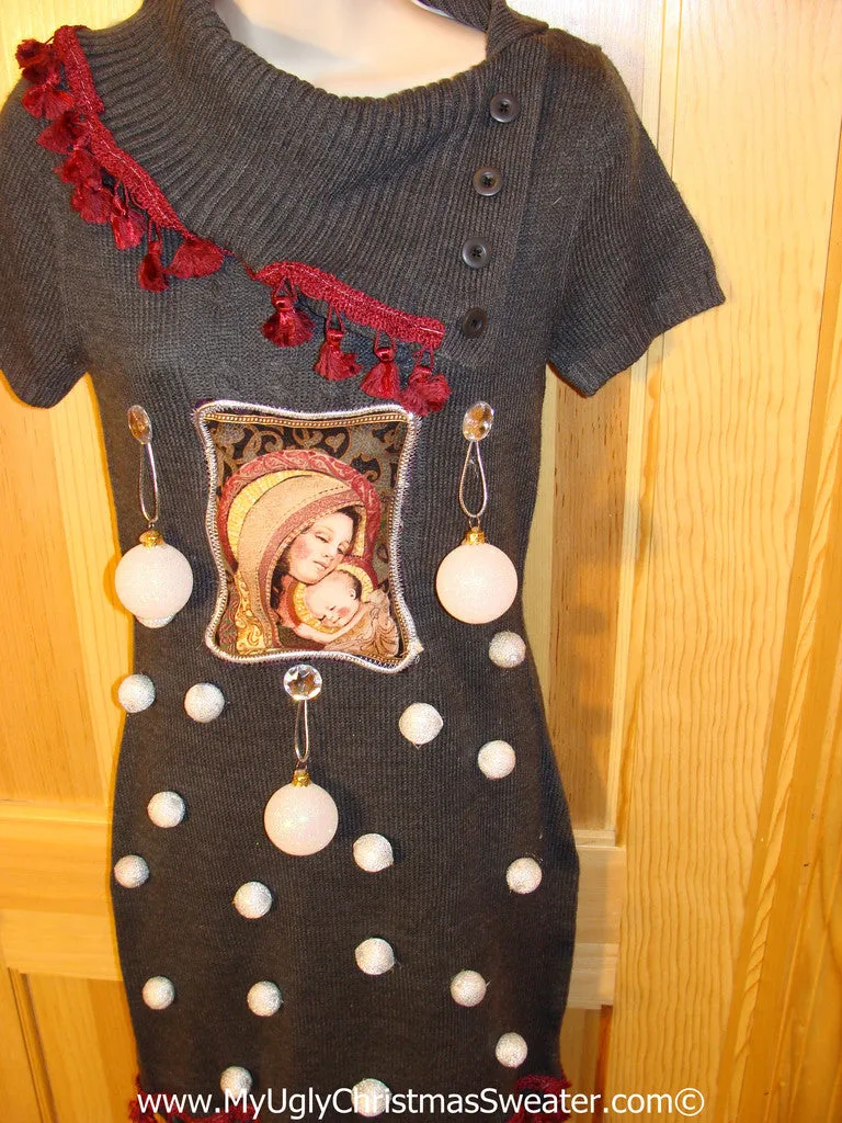 Ugly Christmas Sweater Party Tacky Dress with Mary and Baby Jesus and 3D Ornaments (d72)