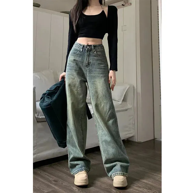 VAIGE Vintage Baggy Straight Denim Trousers High Waist Loose Wide Leg Jeans All-Match Casual Pants in Blue, Available in S/M/L/XL/XXL