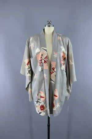 Vintage 1940s Silk Haori Kimono Cardigan Jacket / Grey & Pink Art Deco Floral