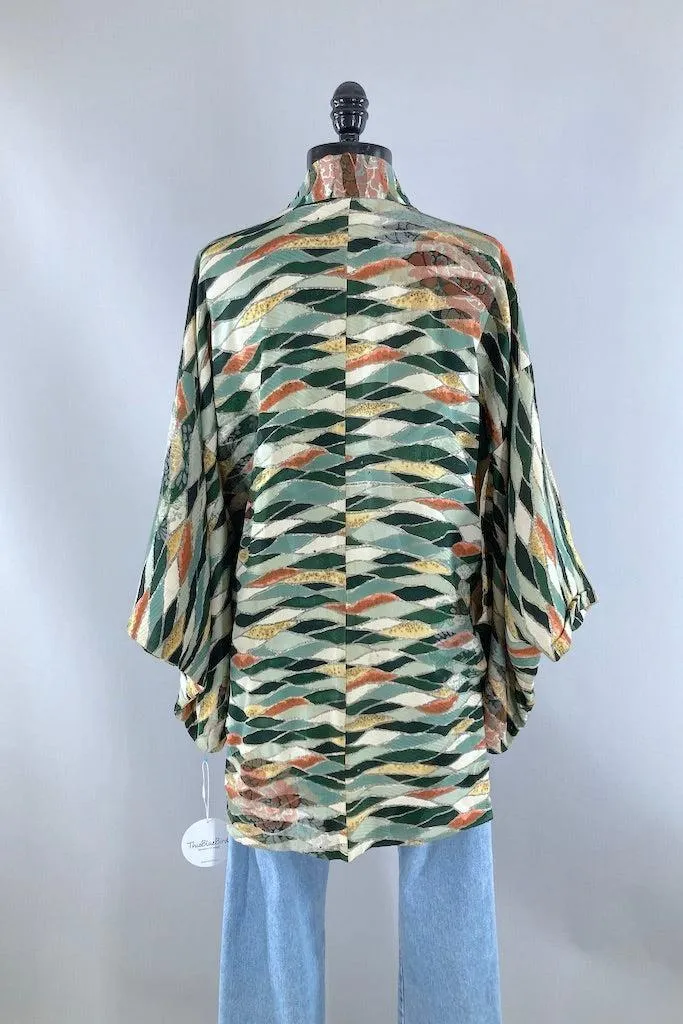 Vintage Green Abstract Silk Kimono Cardigan