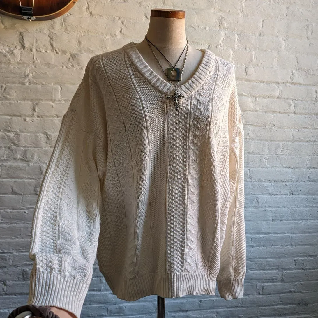 Vintage Neutral Chunky Cable Knit Grandpa Sweater Minimalist White Boho Chic Top