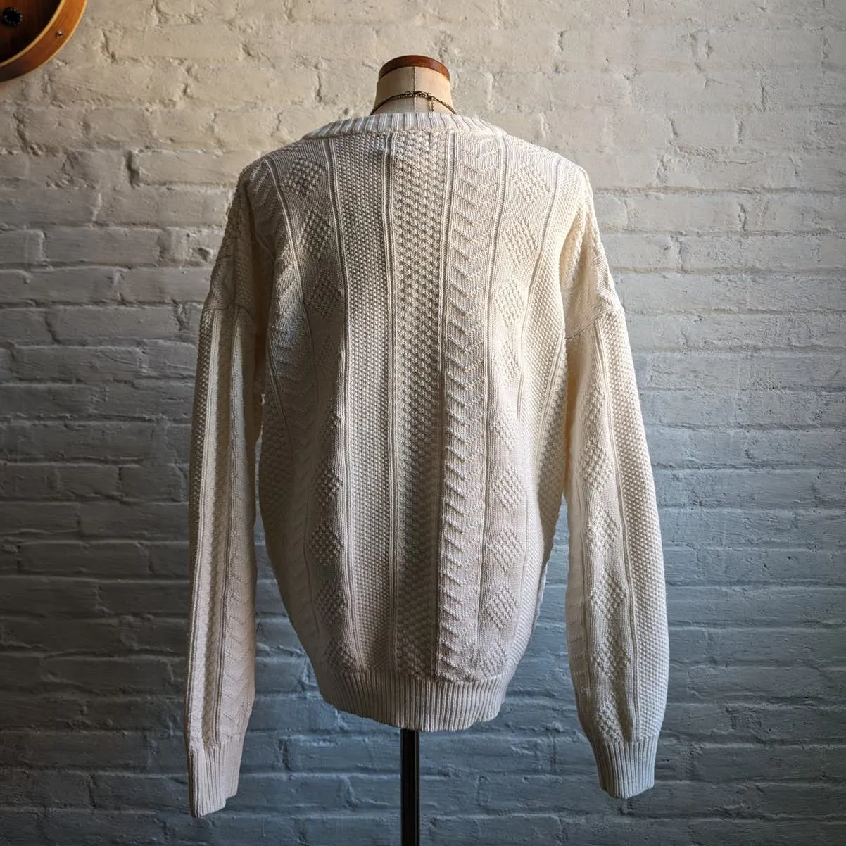 Vintage Neutral Chunky Cable Knit Grandpa Sweater Minimalist White Boho Chic Top