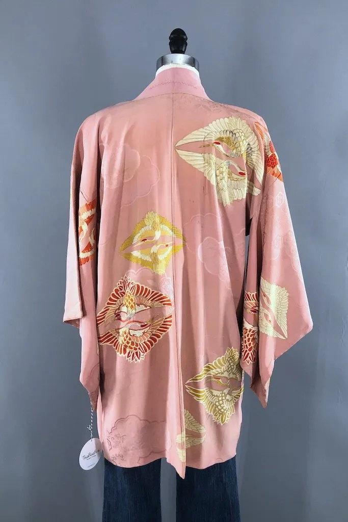 Vintage Pink Flying Cranes Silk Kimono Cardigan