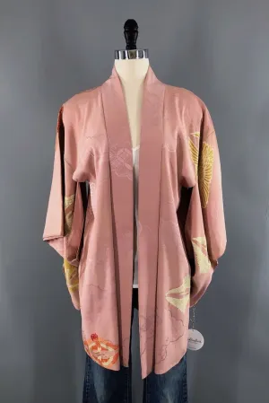 Vintage Pink Flying Cranes Silk Kimono Cardigan