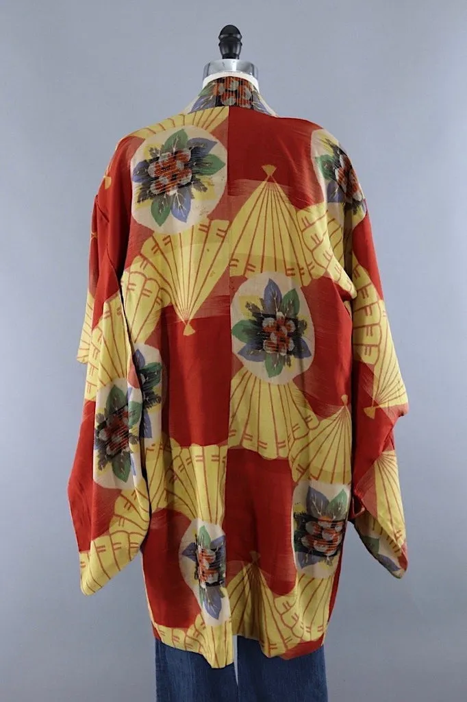 Vintage Silk Kimono Cardigan / Orange Red Kasuri Floral