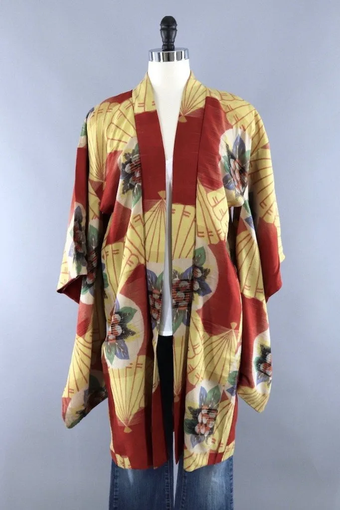 Vintage Silk Kimono Cardigan / Orange Red Kasuri Floral