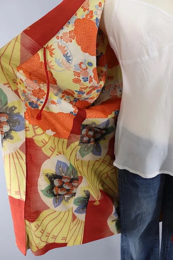 Vintage Silk Kimono Cardigan / Orange Red Kasuri Floral