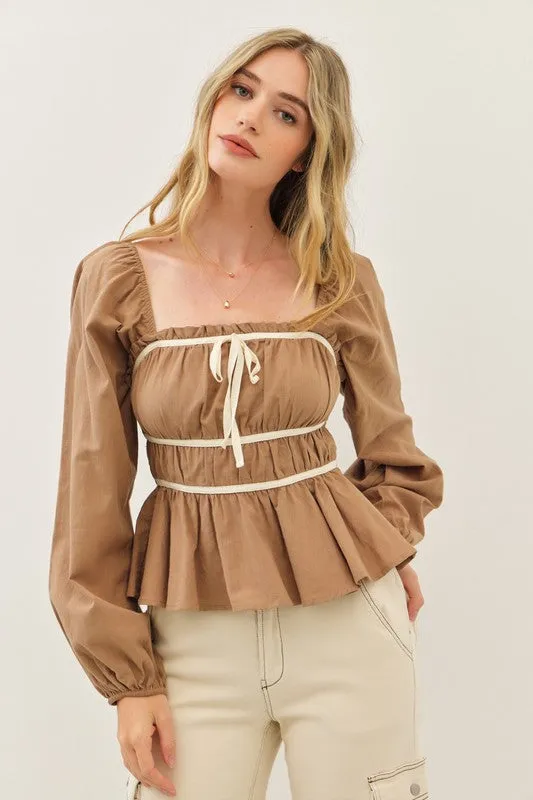 Waitlist 11/13 ♥ Kate Long Sleeve Contrast Babydoll Top Taupe