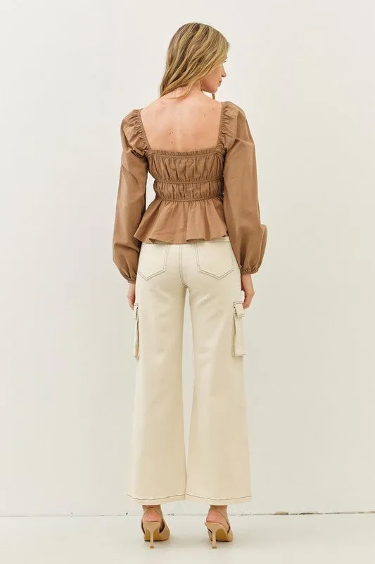 Waitlist 11/13 ♥ Kate Long Sleeve Contrast Babydoll Top Taupe