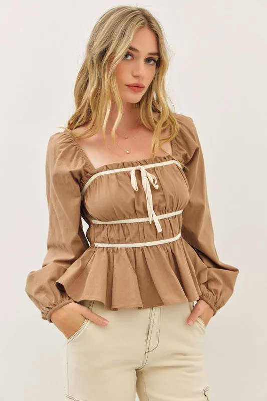 Waitlist 11/13 ♥ Kate Long Sleeve Contrast Babydoll Top Taupe