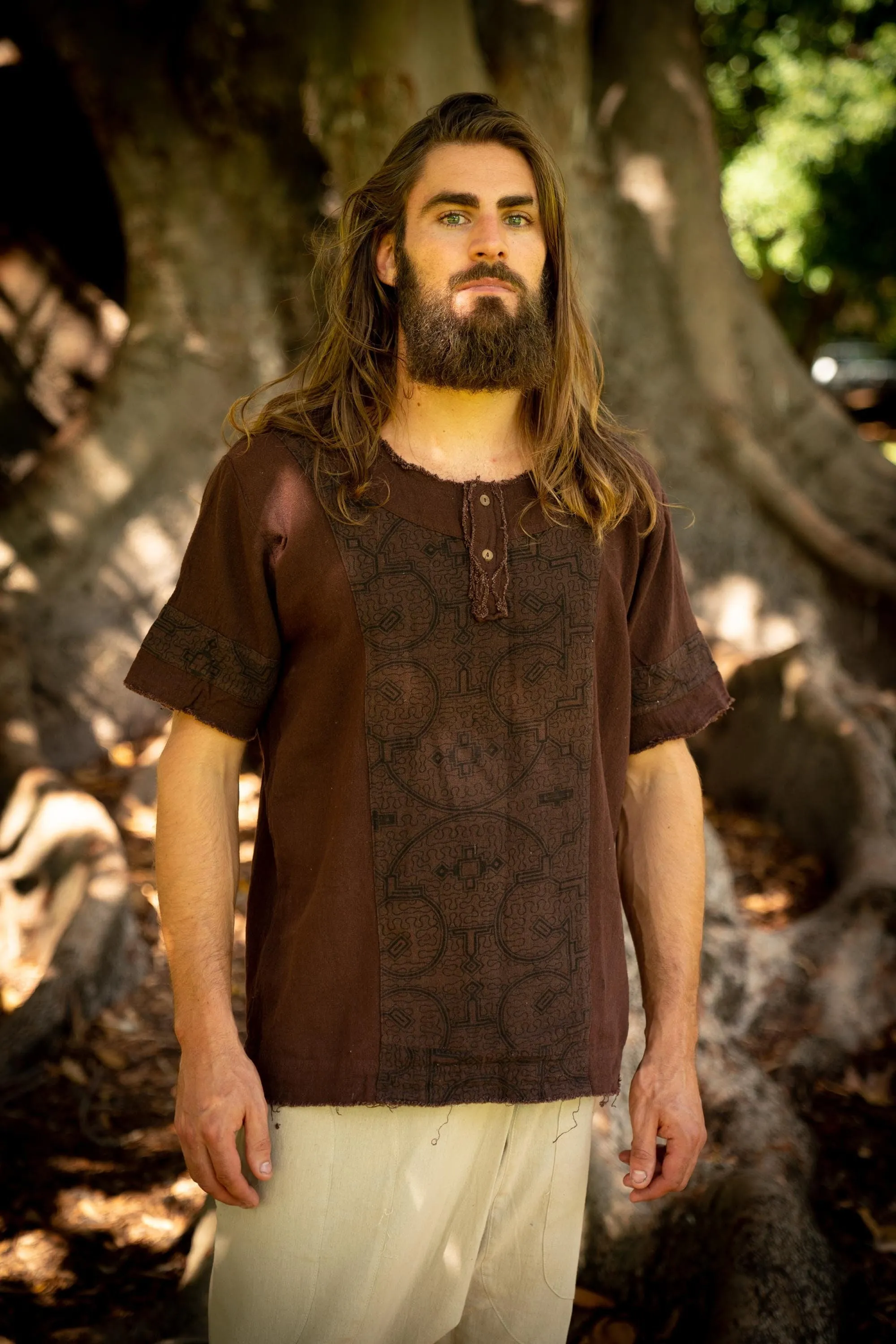 WASKA Mens Top Brown Sacred Plant Shipibo Shaman Pattern T Shirt Shamanic Neo Tribal Gypsy Ritual Festival Ceremony Ethnic Handmade AJJAYA