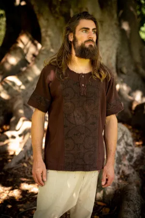 WASKA Mens Top Brown Sacred Plant Shipibo Shaman Pattern T Shirt Shamanic Neo Tribal Gypsy Ritual Festival Ceremony Ethnic Handmade AJJAYA