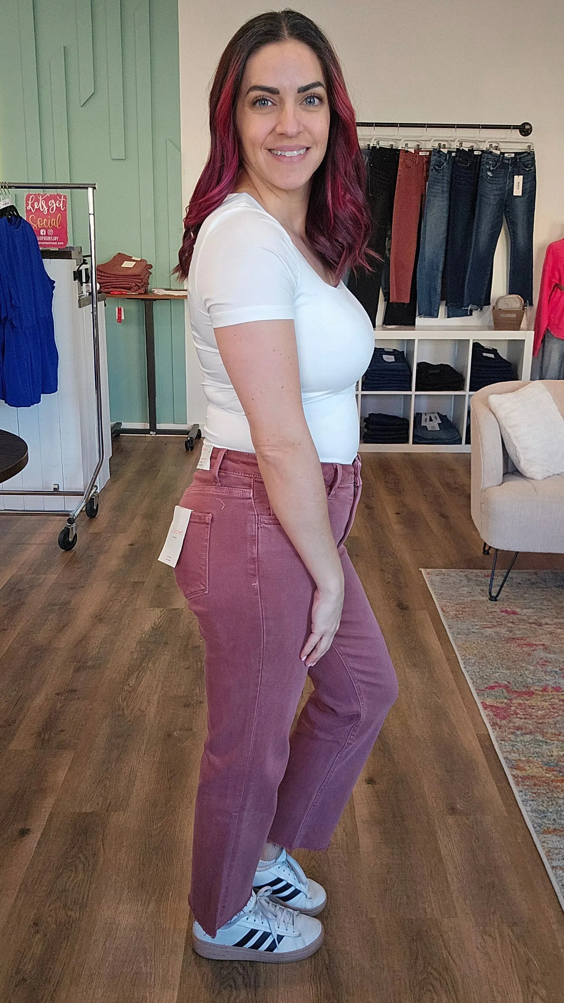 Wine Colored Straight Leg Crop Denim with Tummy Control | Lovervet