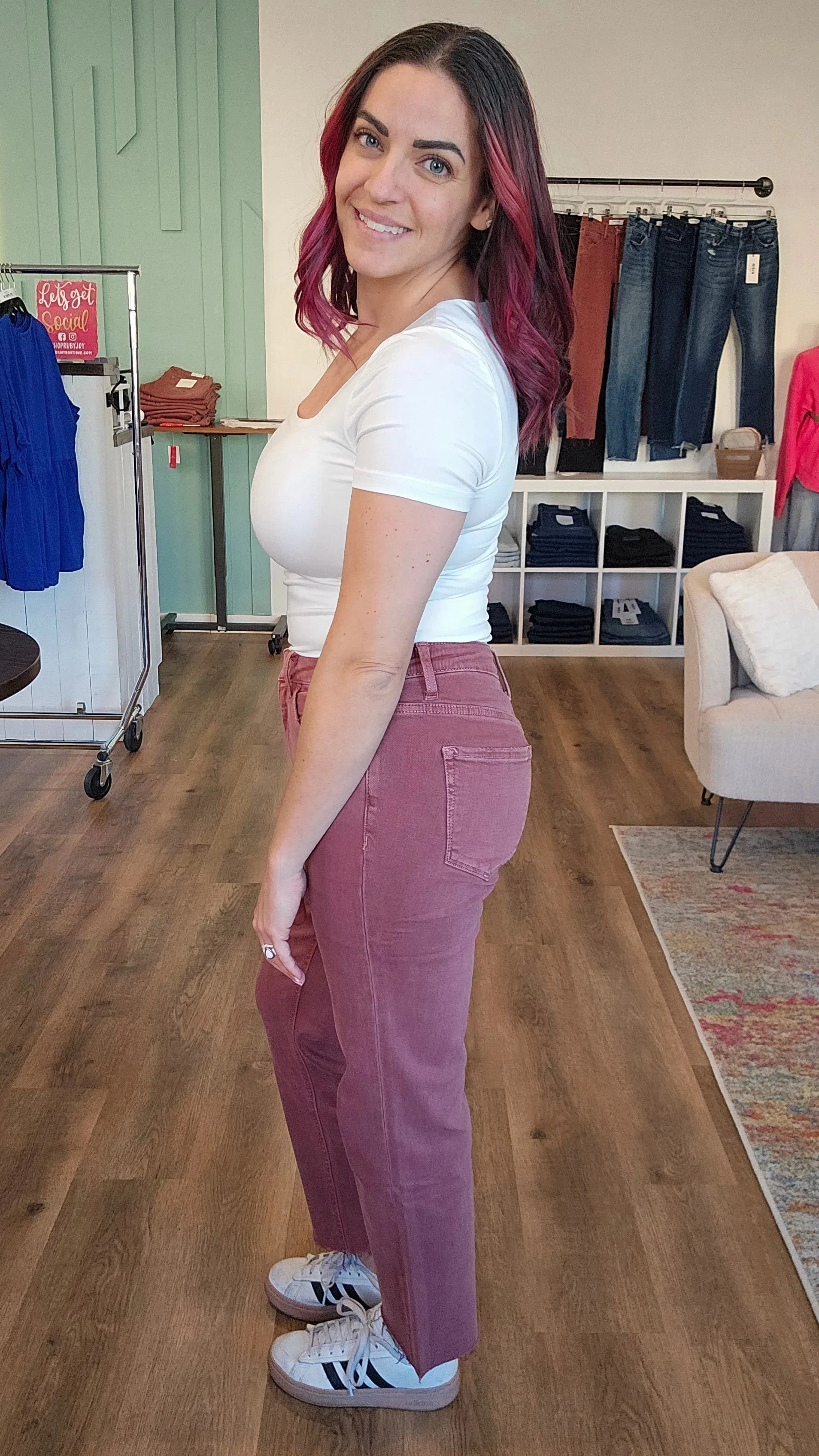 Wine Colored Straight Leg Crop Denim with Tummy Control | Lovervet