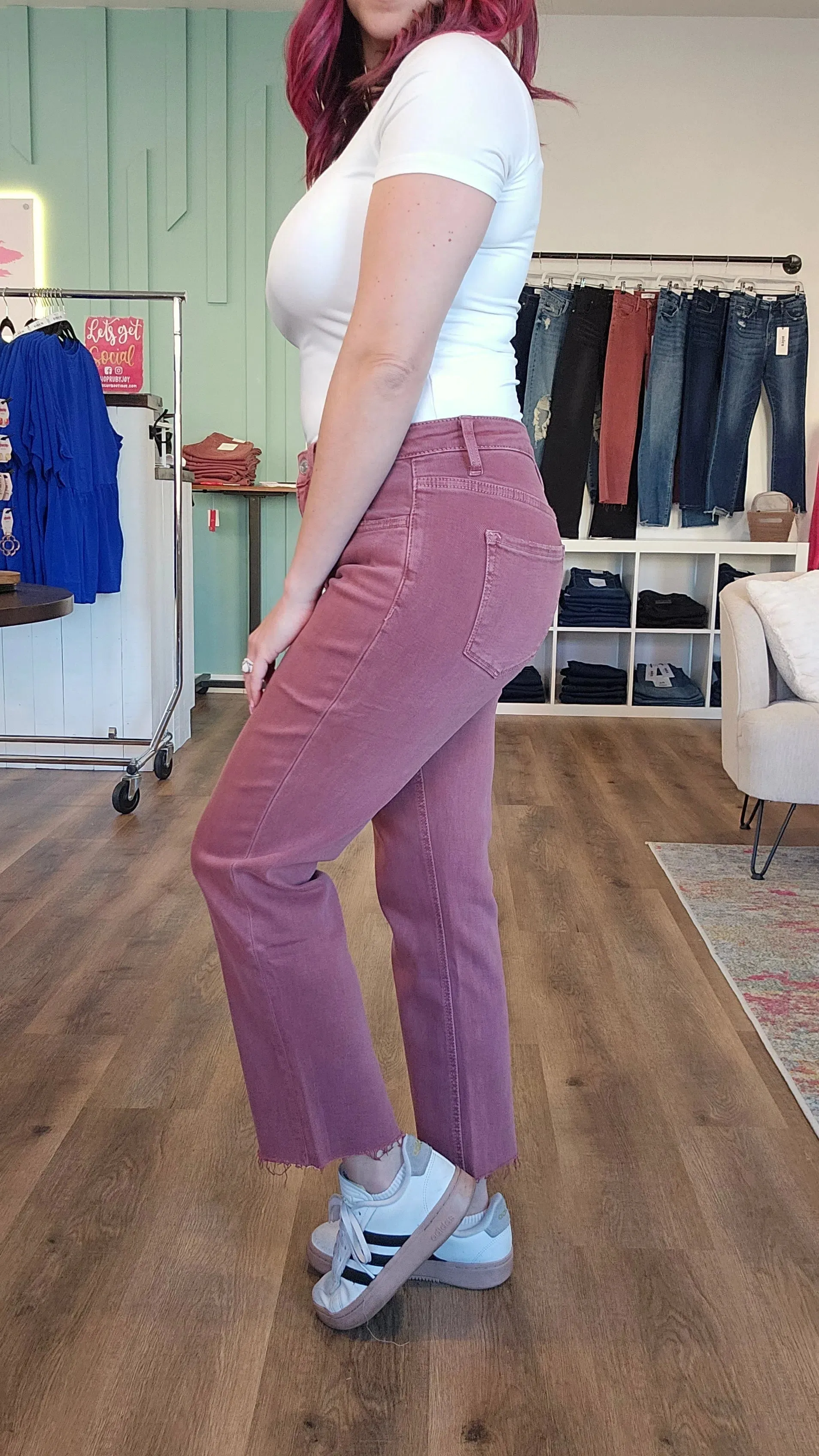 Wine Colored Straight Leg Crop Denim with Tummy Control | Lovervet