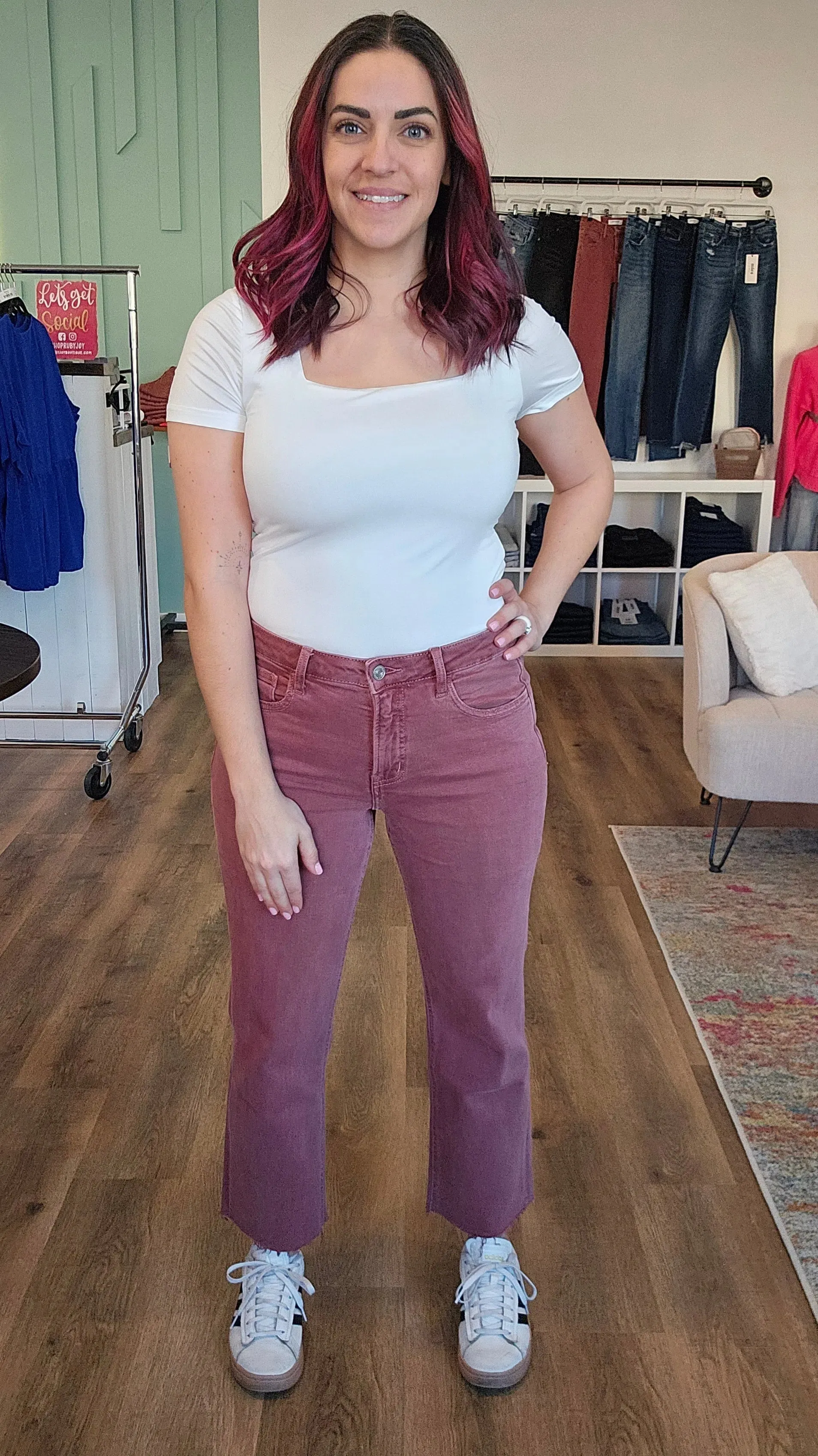 Wine Colored Straight Leg Crop Denim with Tummy Control | Lovervet