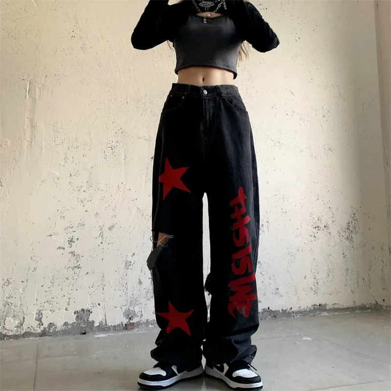 Wjczt High Waist Women Ripped Jeans Vintage Streetwear Pentagram Straight Baggy Trouser Fashion Casual New Autumn Wide Leg Denim Pants