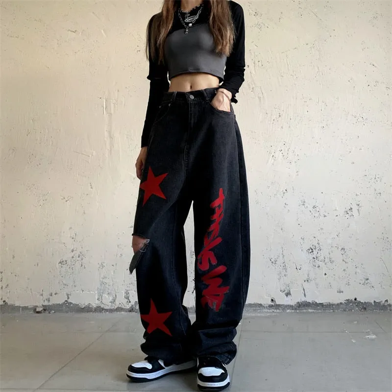 Wjczt High Waist Women Ripped Jeans Vintage Streetwear Pentagram Straight Baggy Trouser Fashion Casual New Autumn Wide Leg Denim Pants