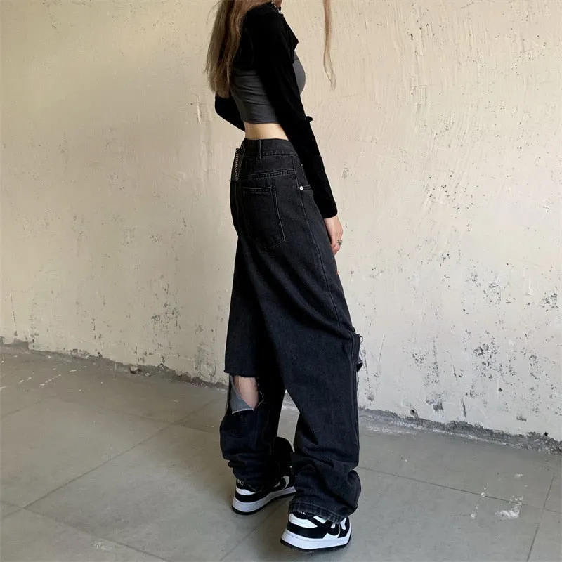 Wjczt High Waist Women Ripped Jeans Vintage Streetwear Pentagram Straight Baggy Trouser Fashion Casual New Autumn Wide Leg Denim Pants