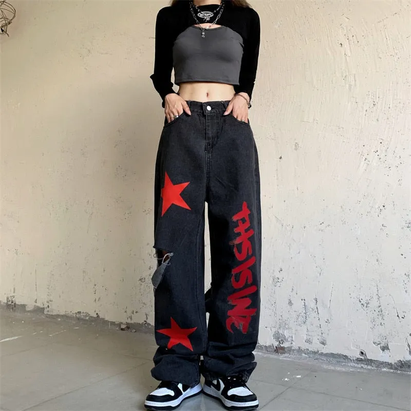 Wjczt High Waist Women Ripped Jeans Vintage Streetwear Pentagram Straight Baggy Trouser Fashion Casual New Autumn Wide Leg Denim Pants