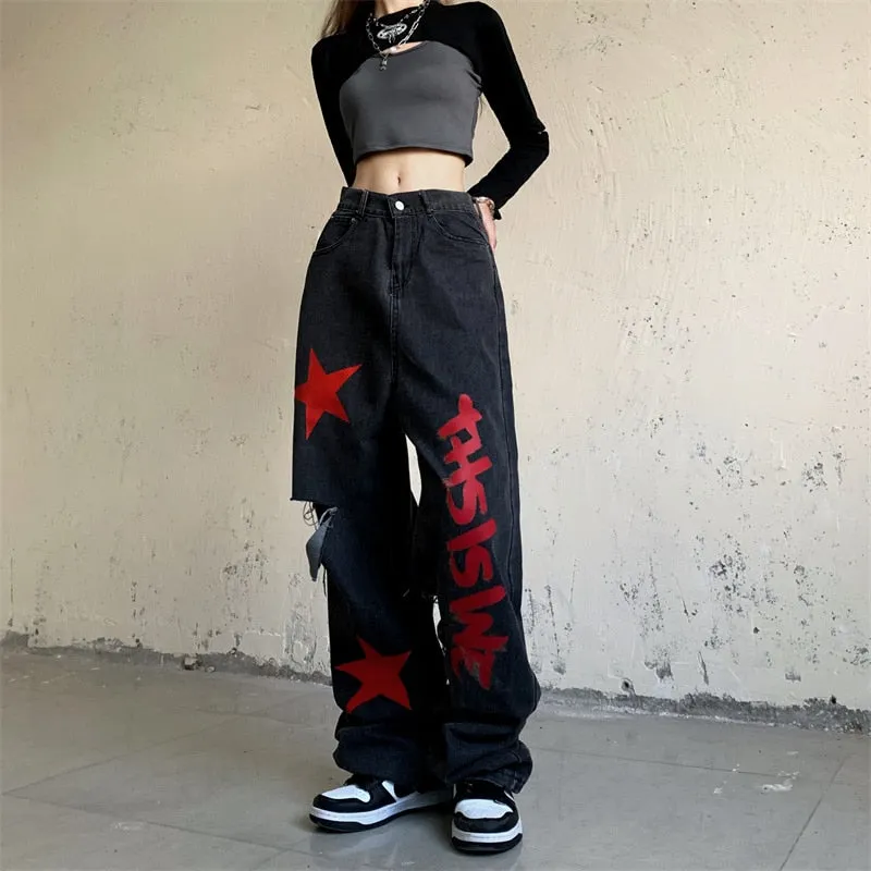 Wjczt High Waist Women Ripped Jeans Vintage Streetwear Pentagram Straight Baggy Trouser Fashion Casual New Autumn Wide Leg Denim Pants