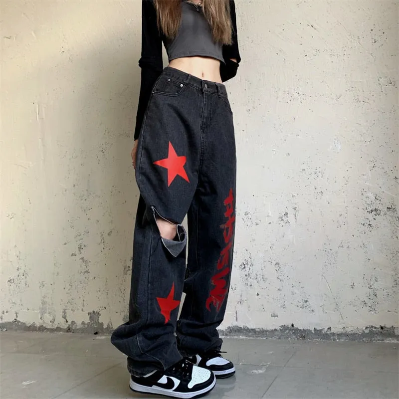 Wjczt High Waist Women Ripped Jeans Vintage Streetwear Pentagram Straight Baggy Trouser Fashion Casual New Autumn Wide Leg Denim Pants