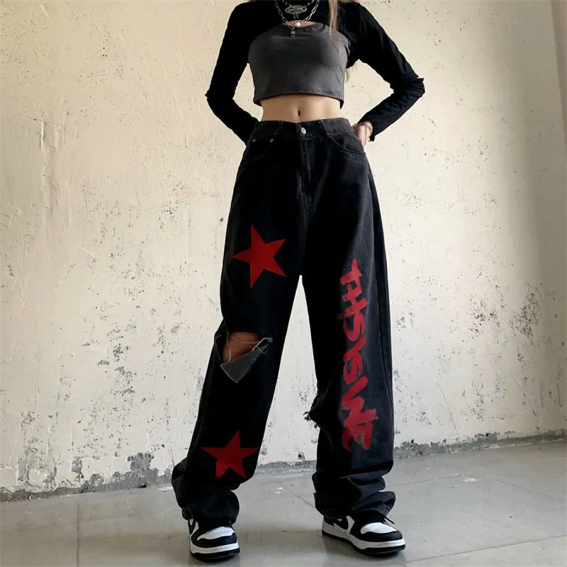 Wjczt High Waist Women Ripped Jeans Vintage Streetwear Pentagram Straight Baggy Trouser Fashion Casual New Autumn Wide Leg Denim Pants