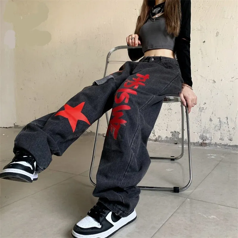 Wjczt High Waist Women Ripped Jeans Vintage Streetwear Pentagram Straight Baggy Trouser Fashion Casual New Autumn Wide Leg Denim Pants