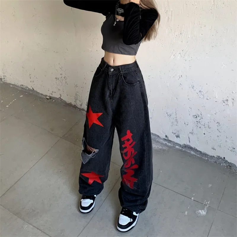 Wjczt High Waist Women Ripped Jeans Vintage Streetwear Pentagram Straight Baggy Trouser Fashion Casual New Autumn Wide Leg Denim Pants