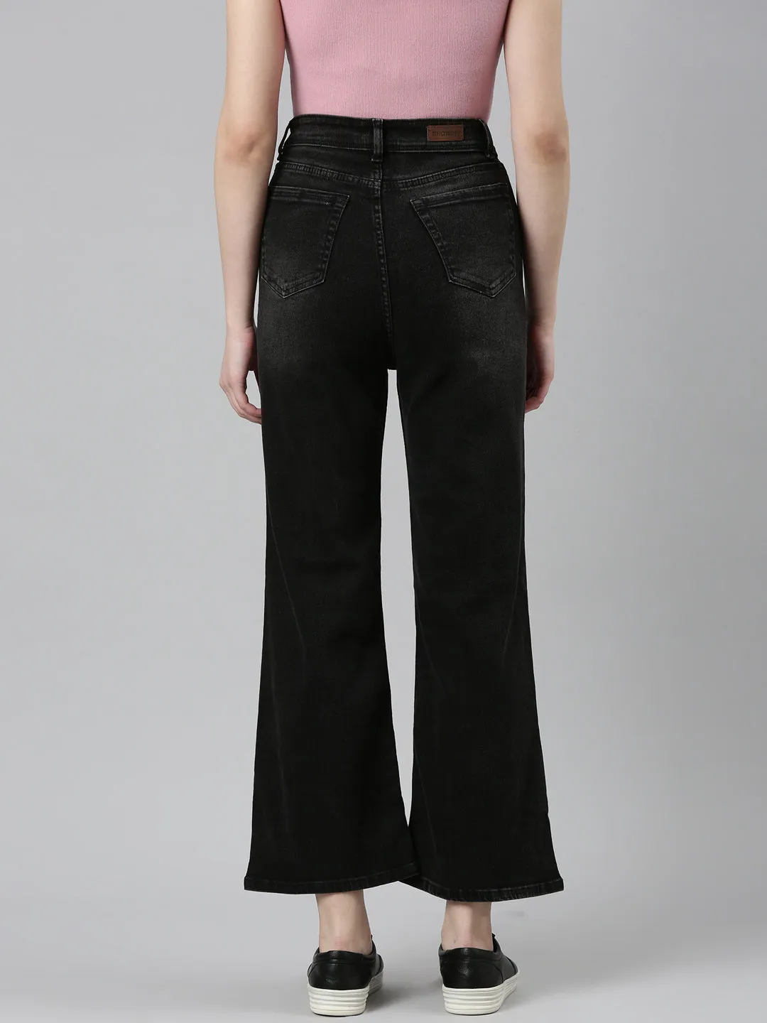 Women Charcoal Solid Wide Leg Denim Jeans