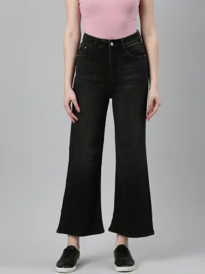 Women Charcoal Solid Wide Leg Denim Jeans