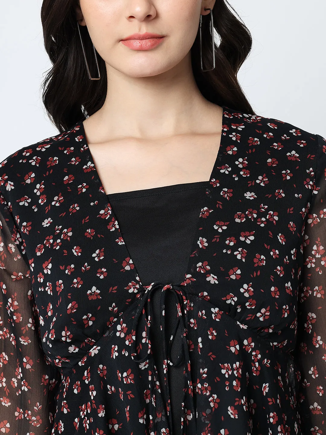 Women Floral Printed Black Top