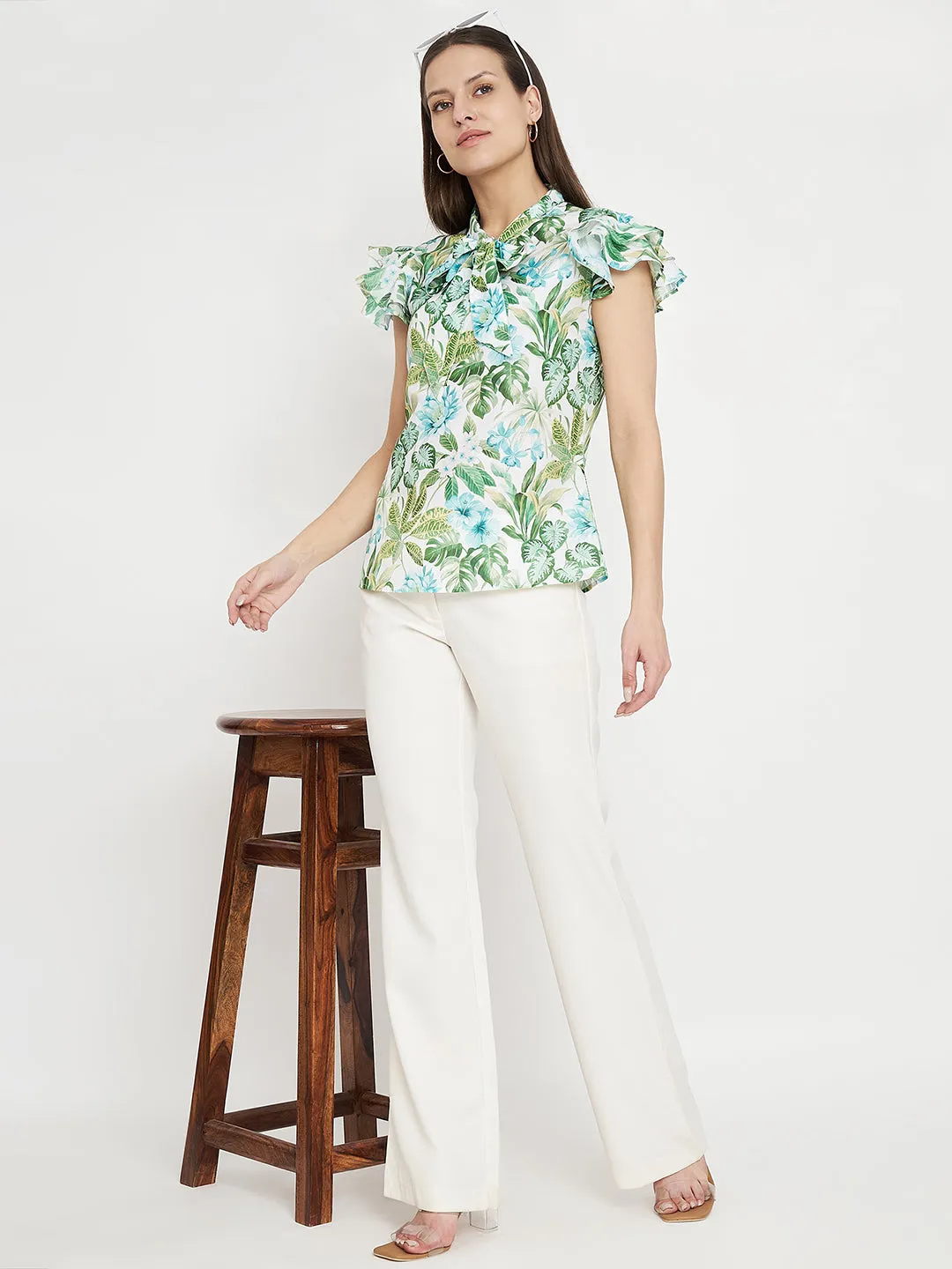 Women Floral Printed Tie-Up Neck Green Top