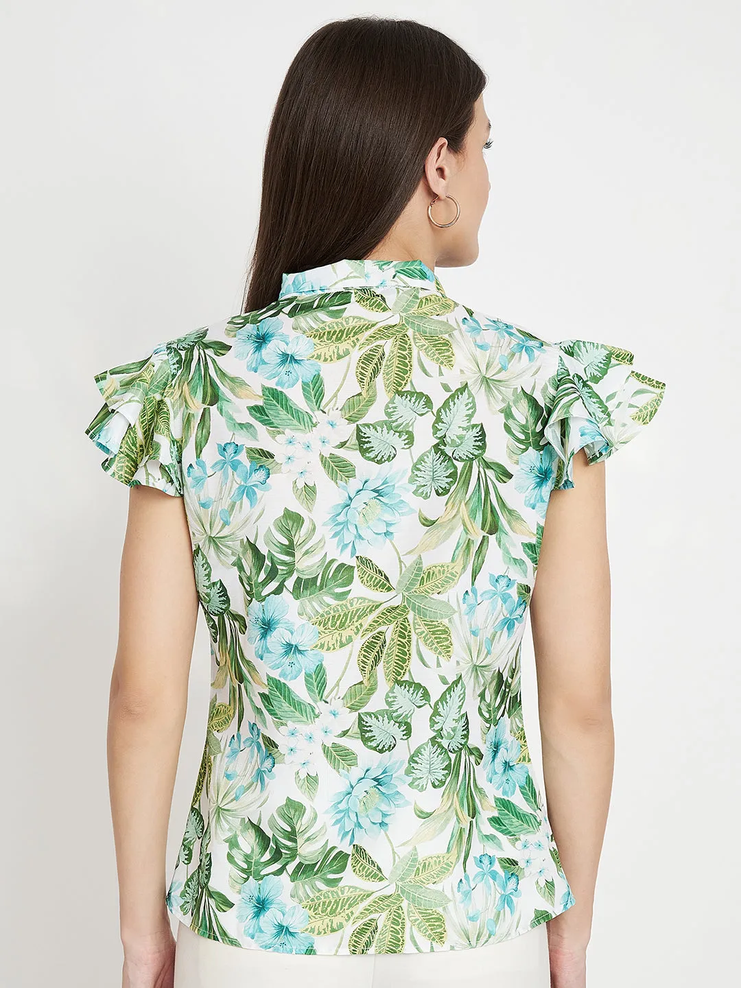 Women Floral Printed Tie-Up Neck Green Top