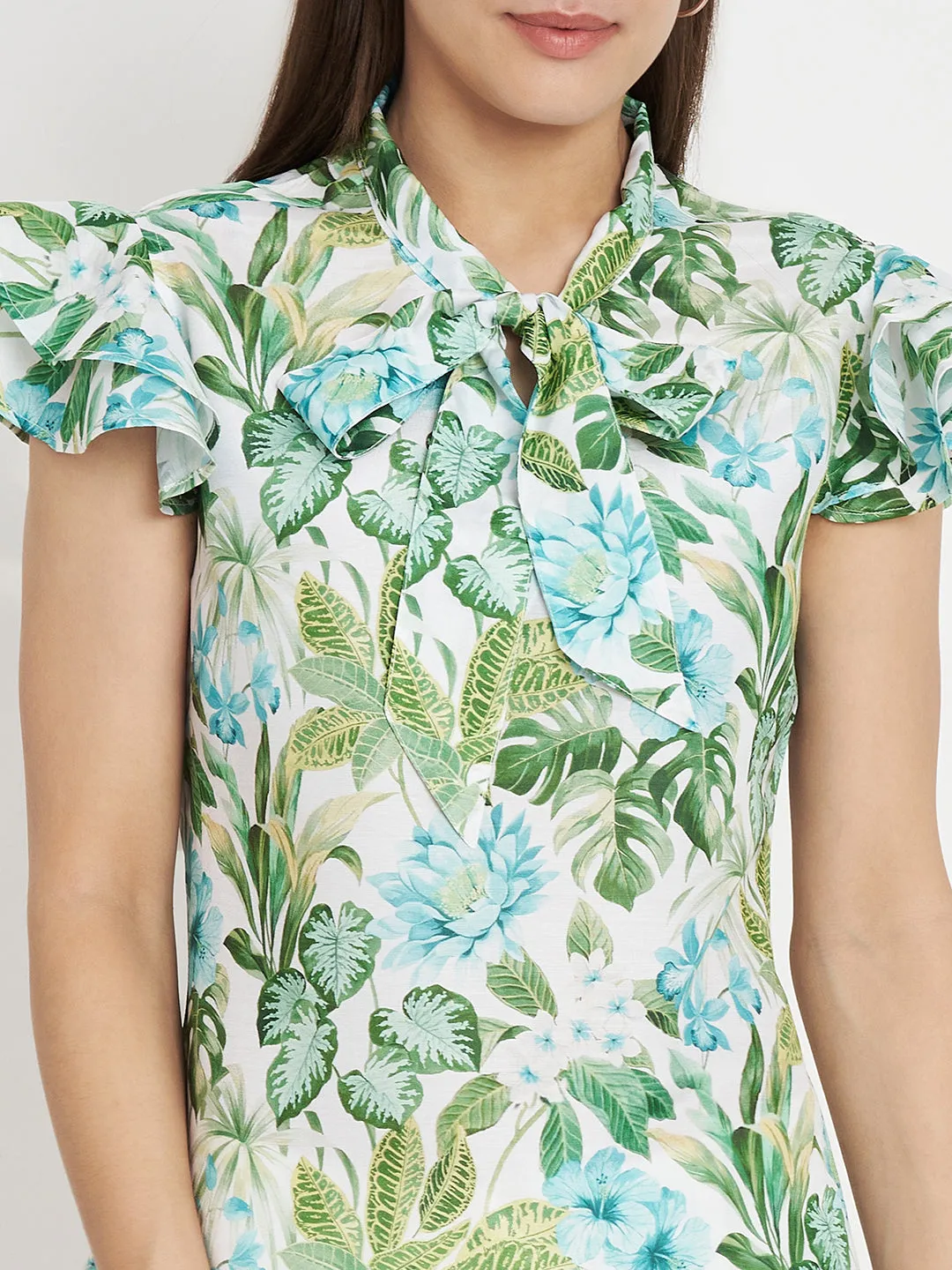 Women Floral Printed Tie-Up Neck Green Top