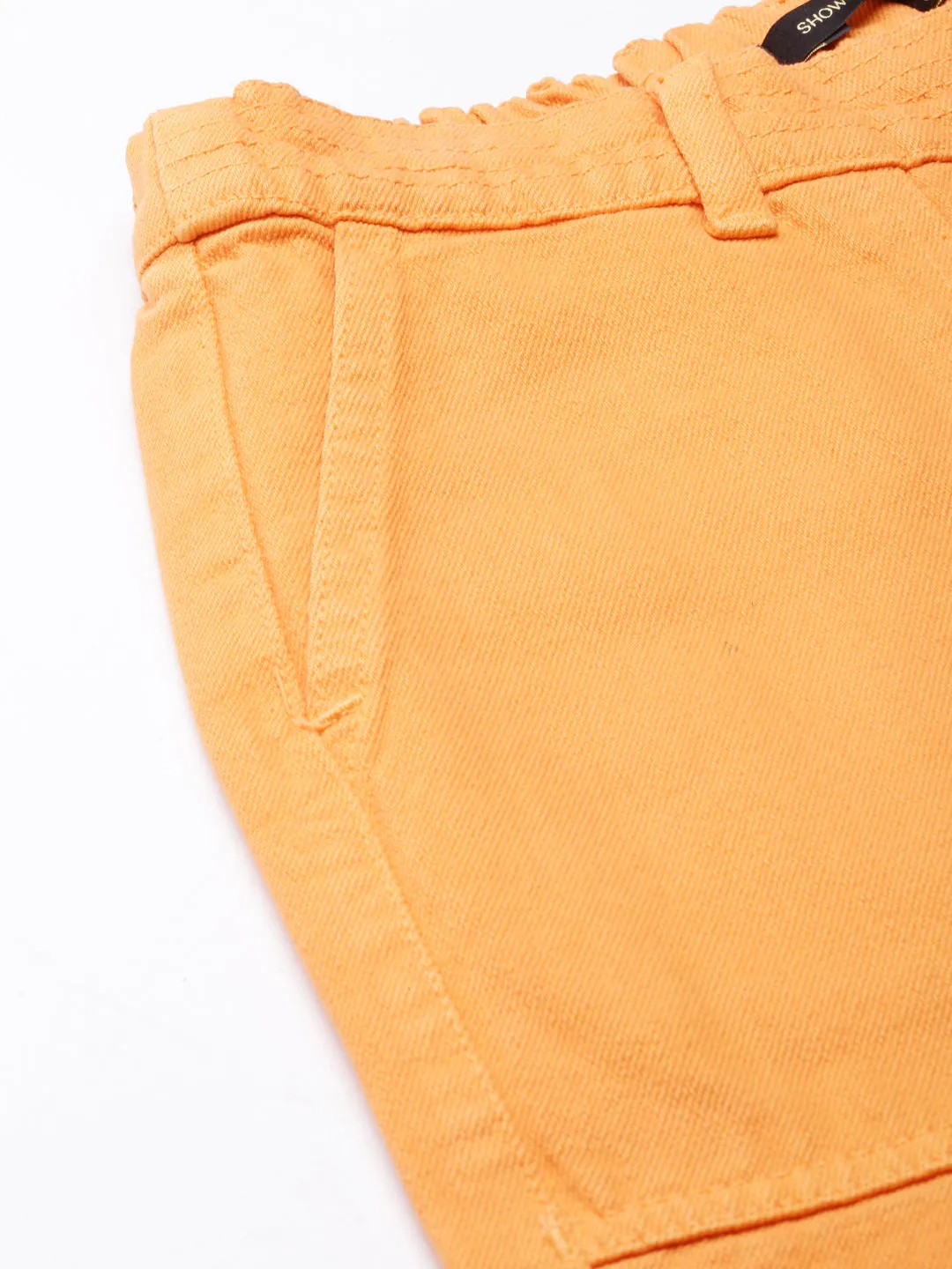 Women Orange Solid Wide Leg Denim Jeans