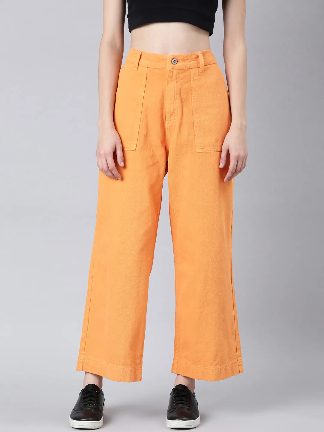 Women Orange Solid Wide Leg Denim Jeans