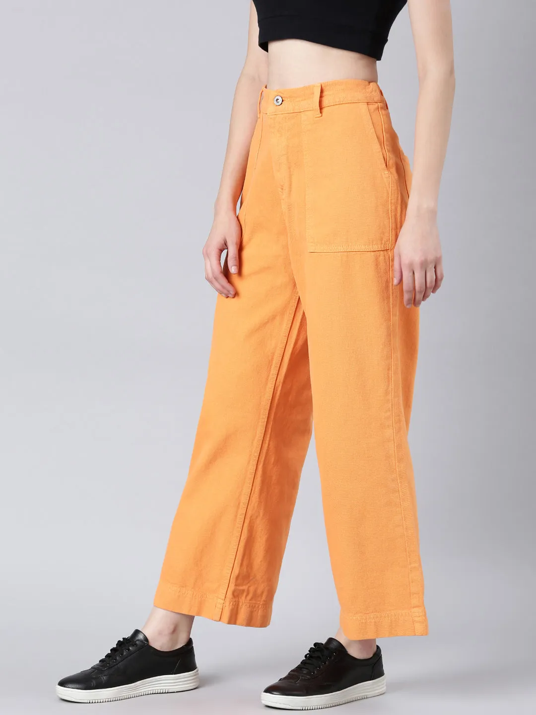 Women Orange Solid Wide Leg Denim Jeans