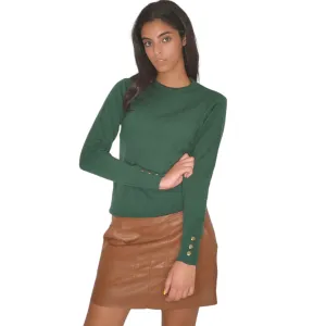 Women Round-Collar Pullover (buttons on sleeve) - Dark Green