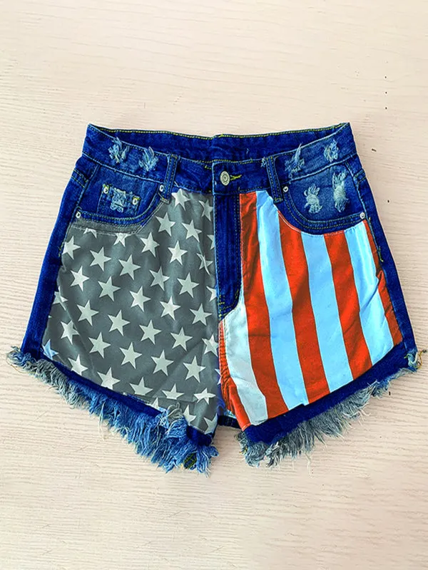 Women's American Flag Fringe Star Print Denim Shorts