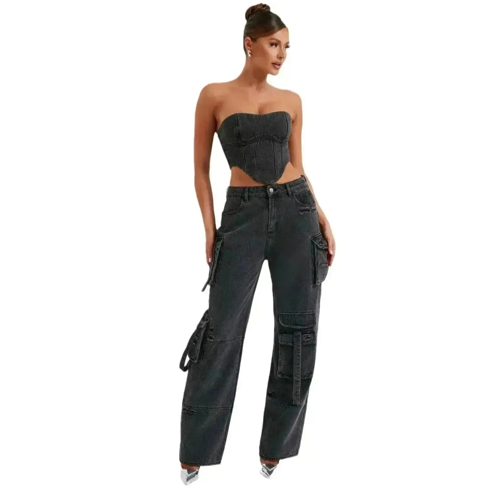 Women's American-style Low Waist Three-dimensional Pocket Stitching Jeans Denim Cargo Pant Trouser. Denim Outfit Set