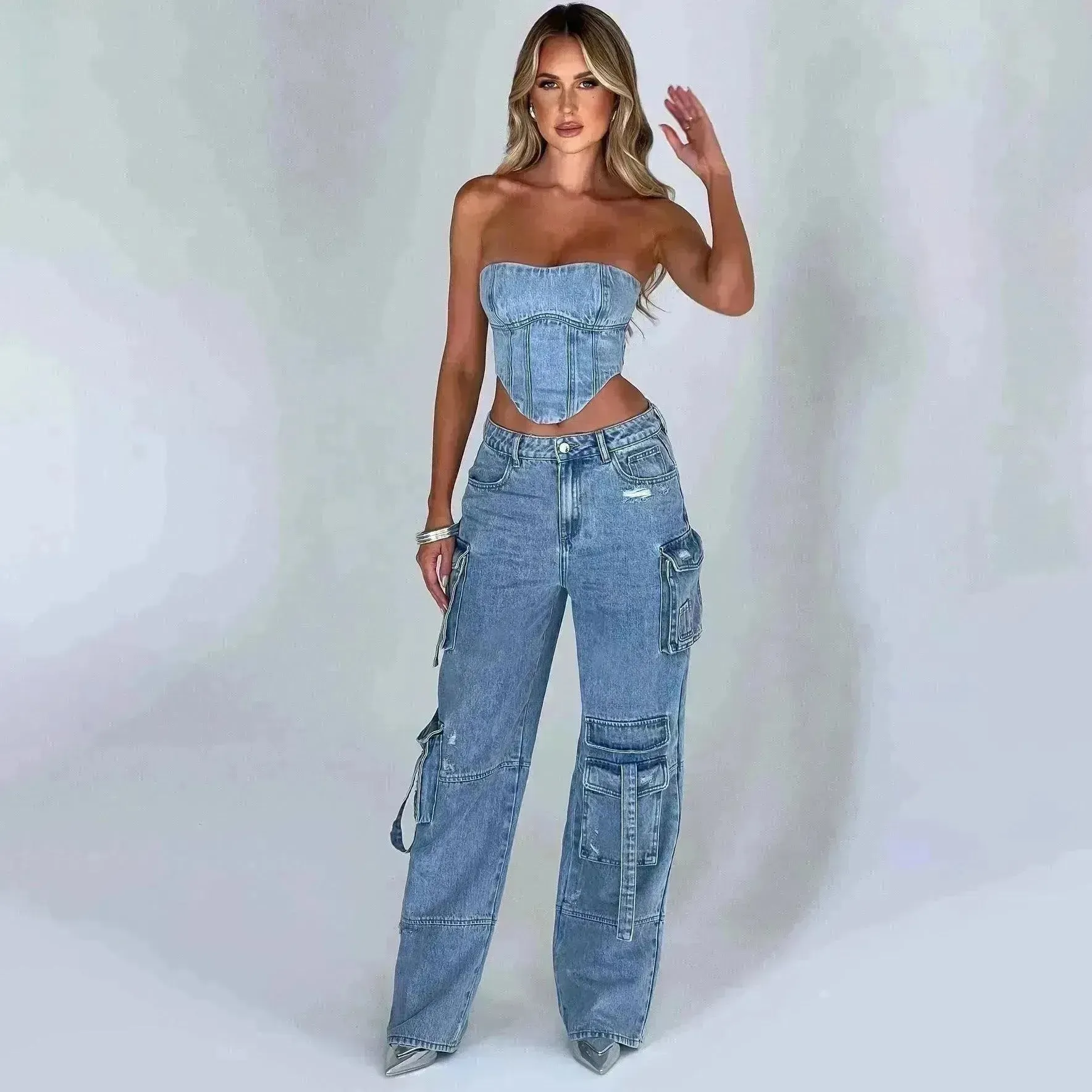 Women's American-style Low Waist Three-dimensional Pocket Stitching Jeans Denim Cargo Pant Trouser. Denim Outfit Set