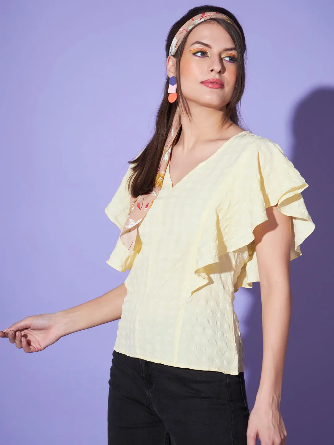 Women's Checked Flutter Sleeve Top