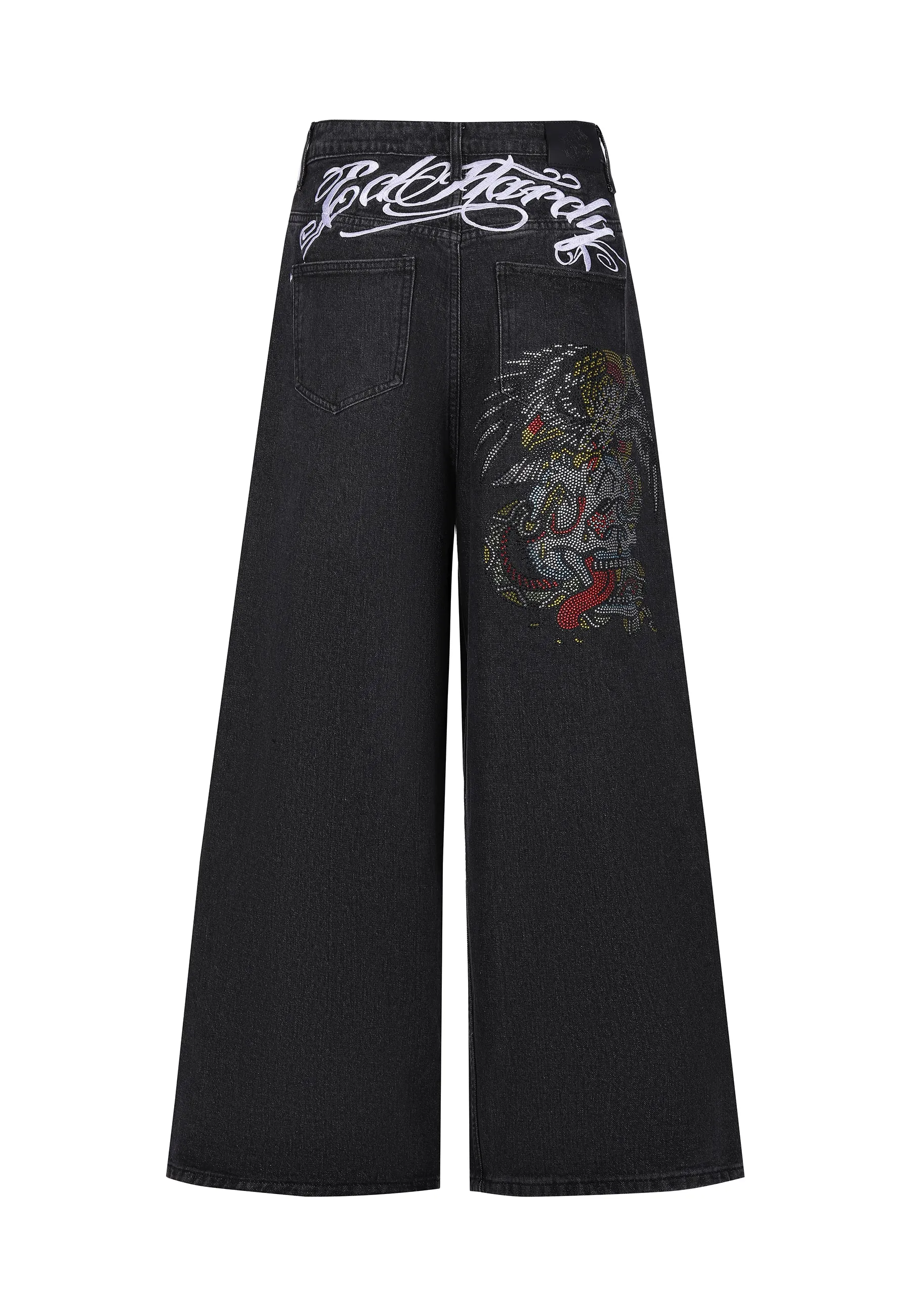 Womens Eagle Skull Diamante Xtra Denim Trousers Jeans - Black