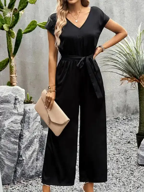 Women’s Elegant Solid Color V Neck Jumpsuit