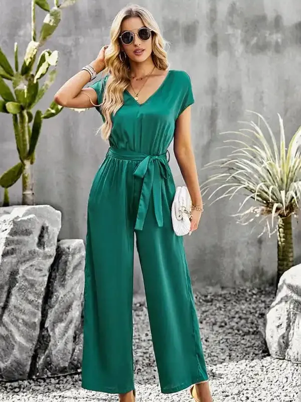 Women’s Elegant Solid Color V Neck Jumpsuit